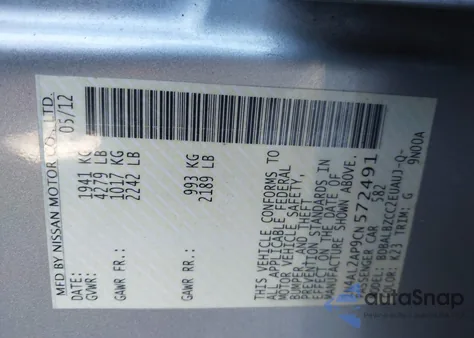 2012 Nissan Altima 2.5 S из США, поврежденный, VIN 1N4AL2AP9CN572491